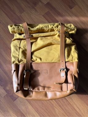 Yellow Canvas Roll-Top Backpack with Tan Leather Trim